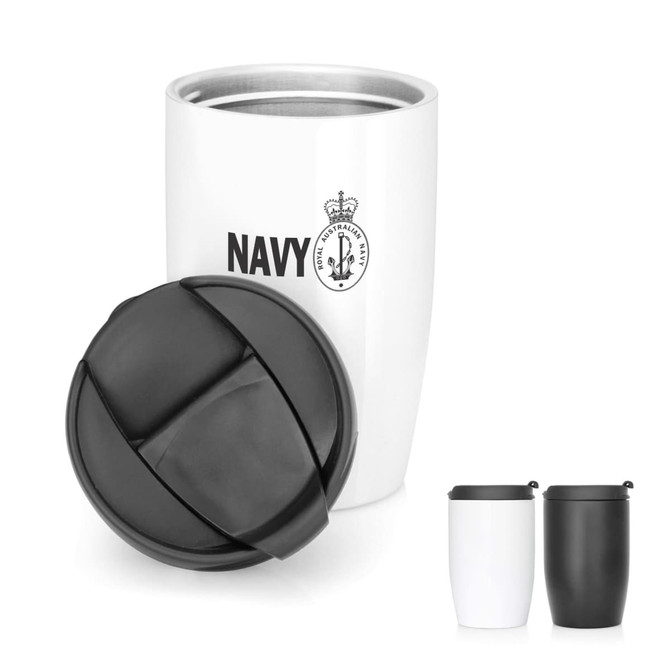 A stainless steel double wall coffee cup in navy and white, with a black lid and branded logo.