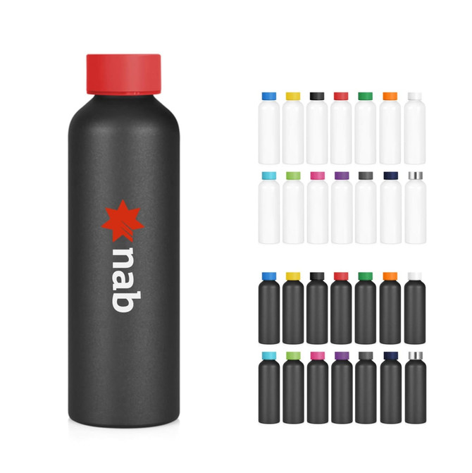 A drink bottle in black with a red cap, featuring a logo. Multiple colour options are displayed alongside.