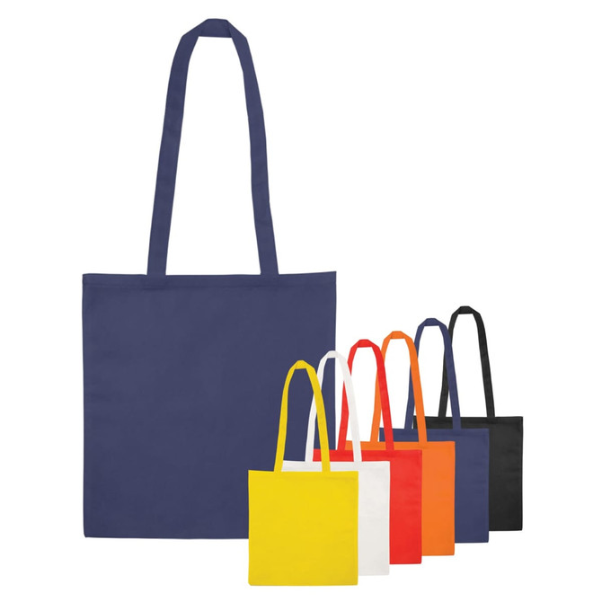A collection of non-woven bags in navy, white, yellow, orange, red, black, and other colours, featuring long handles.