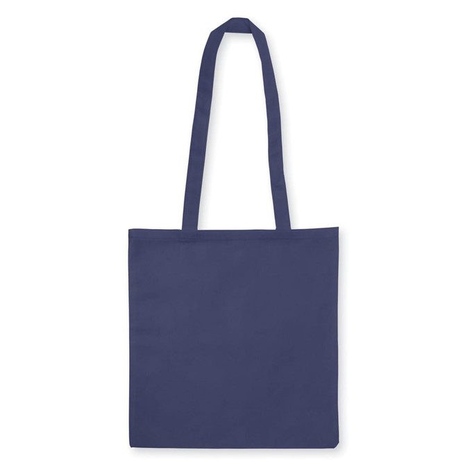 A navy non-woven tote bag with a V gusset and long straps, featuring a logo.