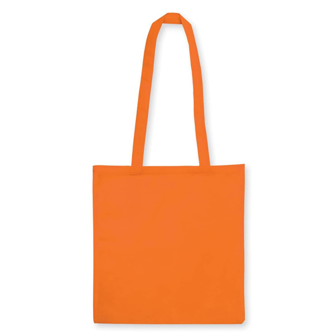 An orange non-woven tote bag with long handles and a V gusset design. It features a branding logo.