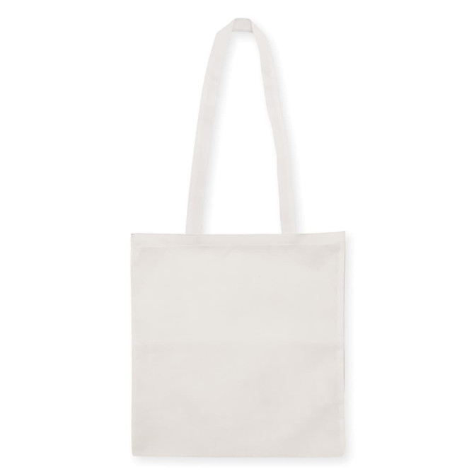 A non-woven bag in light grey with a V gusset and long handles, featuring a simple design.