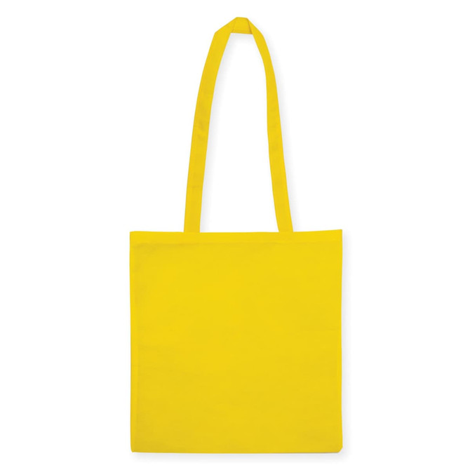 A yellow non-woven bag with a V gusset and long handles, featuring a logo on one side.