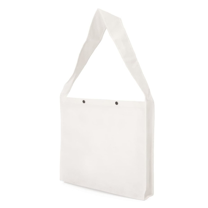 A white non-woven sling bag featuring press studs and a gusset, designed for easy carrying.