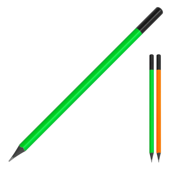 A triangular pencil in vibrant green with a black tip, alongside two smaller pencils in green and orange.