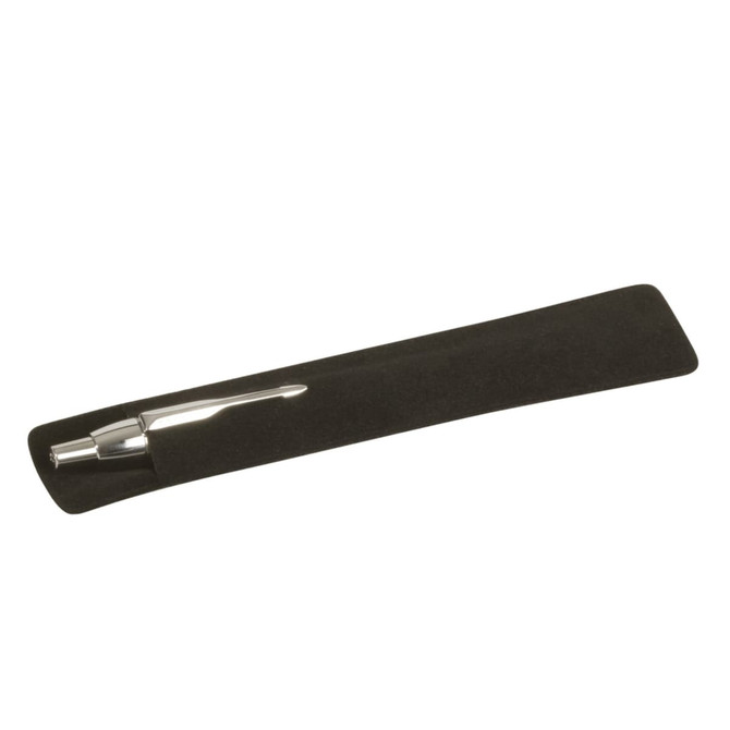 A black velvet pen pouch with a silver pen inside, featuring a subtle branding logo.