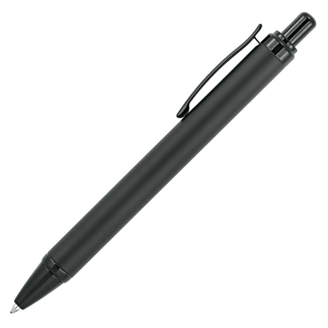 A black metal ballpoint pen with a sleek design and a clip for easy attachment. It features a logo on the barrel.