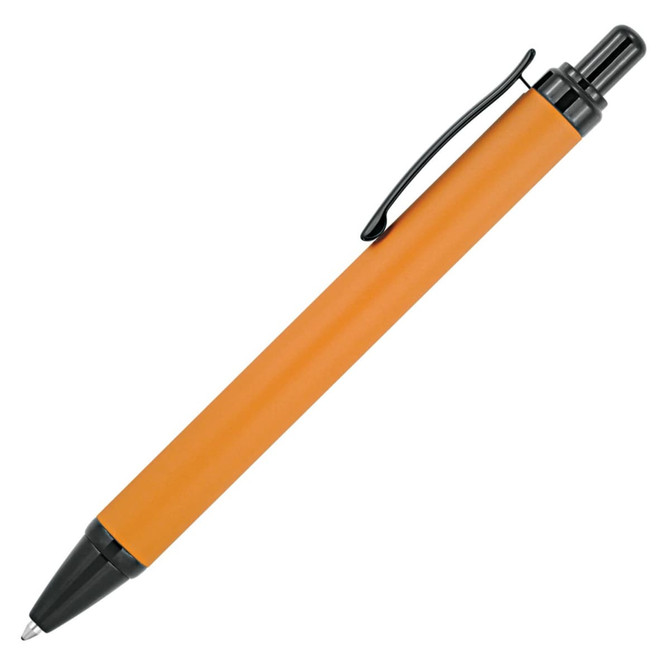 A metal ballpoint pen in orange with a black clip and tip, featuring a branding logo.
