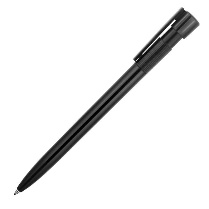 A sleek black ballpoint pen with a high gloss finish and a textured grip. It features a clip for easy attachment.