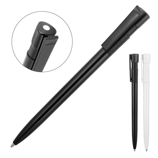 A ballpoint pen in high gloss black and white, featuring a retractable tip and a clip. Includes a logo.