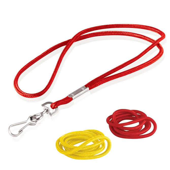 A red and white lanyard cord with a metal clip, accompanied by red and yellow cord bundles.