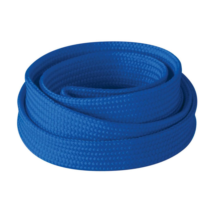 A blue tubular lanyard, measuring 10mm in thickness, coiled neatly. It features a logo.