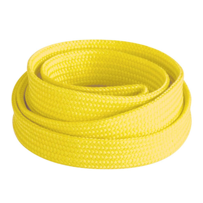 A yellow 10mm tubular lanyard, neatly coiled, featuring a textured surface. It has a branding logo.