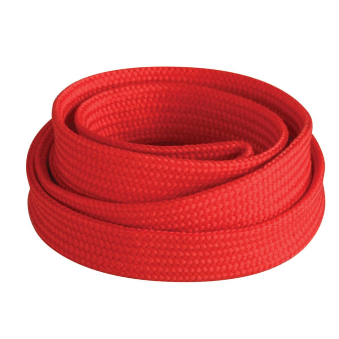 A red tubular lanyard, 10mm in width, neatly coiled with a textured finish, featuring a logo.