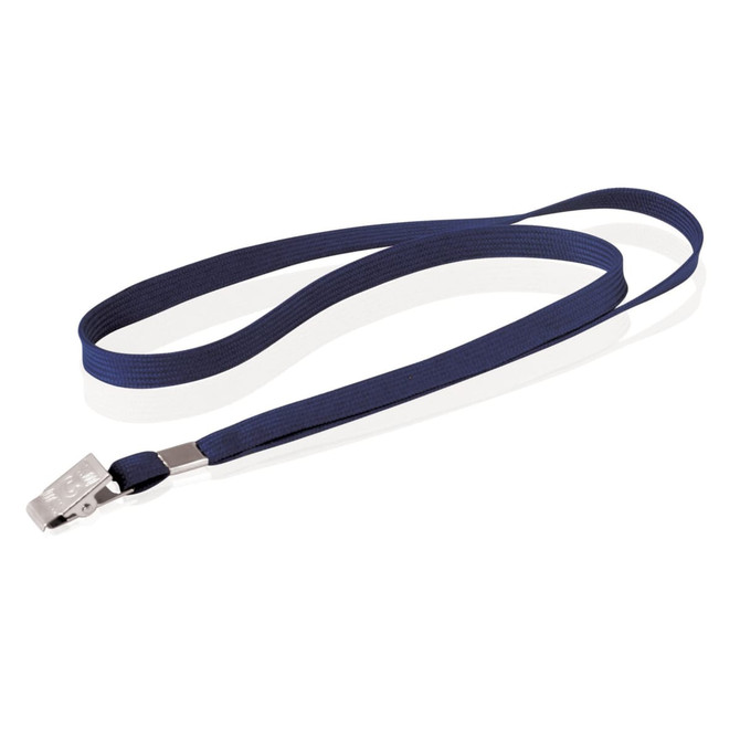 A navy tubular lanyard, 10mm wide, featuring a metal clip for attachment and a branding logo.