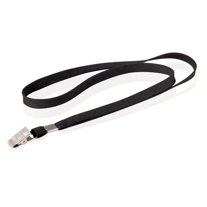 A black tubular lanyard, 10mm wide, featuring a metal clip and a branding logo.