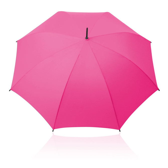 A pink 61cm umbrella with a black handle and a simple design, featuring a logo on the canopy.