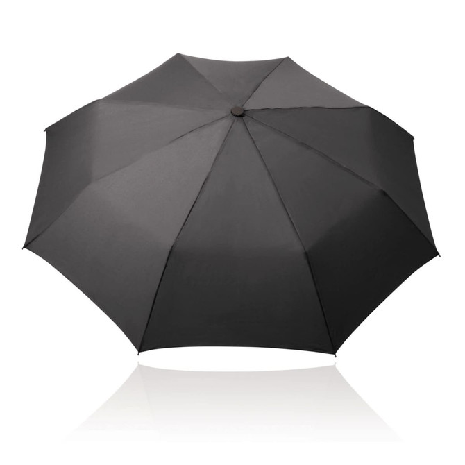 A 55cm folding umbrella in black, featuring a simple design and a central handle. It has a branding logo on it.