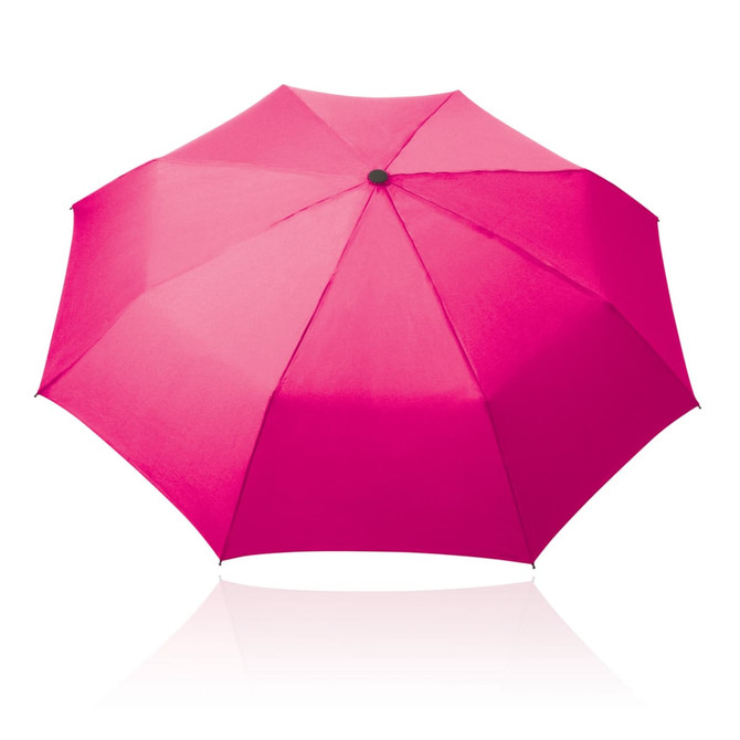 A pink 55cm folding umbrella with a central button and a smooth fabric finish. Includes a logo.