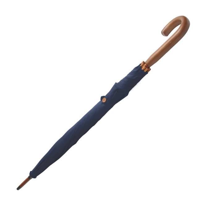 A 60cm long navy umbrella with a wooden handle and a curved design, featuring a simple branding logo.