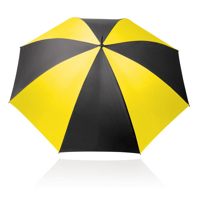 A black and yellow, 75cm umbrella with a striking striped design and a central pole. It features a logo.