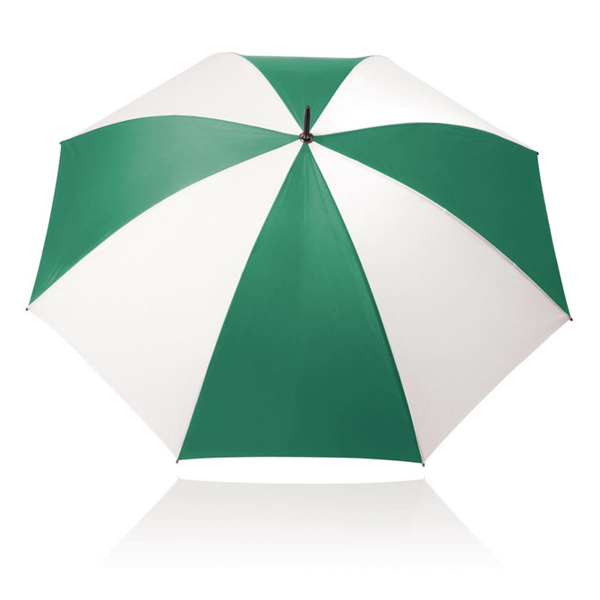 A green and white striped umbrella with a 75cm diameter and a central support pole. It features a logo on the handle.