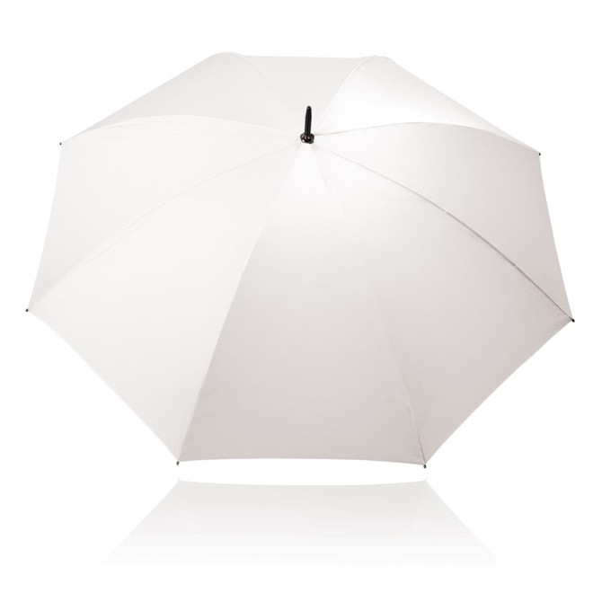 A white 75cm umbrella with a black handle and a logo. The umbrella is open, showcasing its canopy.