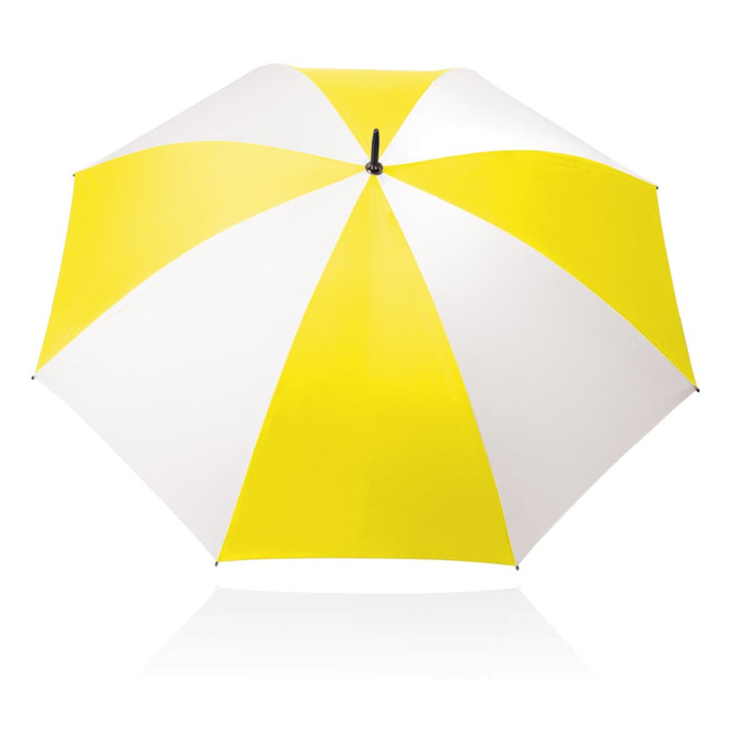 A 75cm umbrella featuring a vibrant yellow and white design with a sleek black handle and a logo on it.