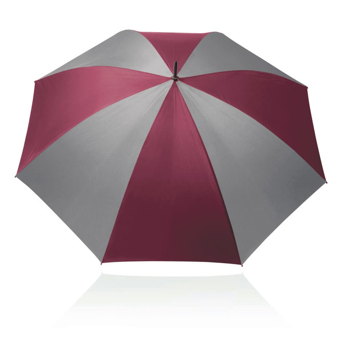 A 75cm umbrella featuring a maroon and grey striped design. It has a logo on the handle.