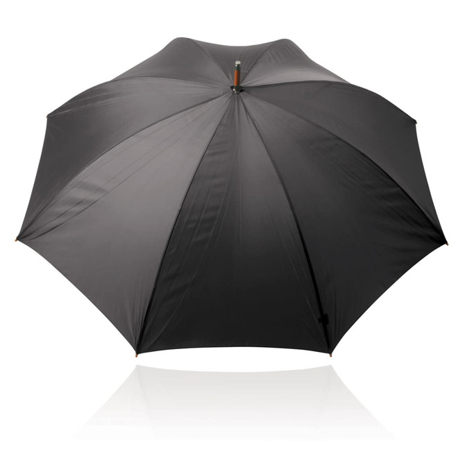 A black 75cm umbrella with a wooden handle and a sleek design, featuring a logo on the canopy.