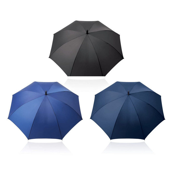 An umbrella set featuring three colours: black, blue, and navy, each with a sleek design and a central handle.