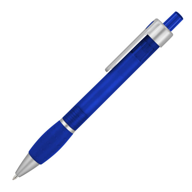 A blue ballpoint pen with a silver clip and a textured grip. The pen features a sleek design and branding.