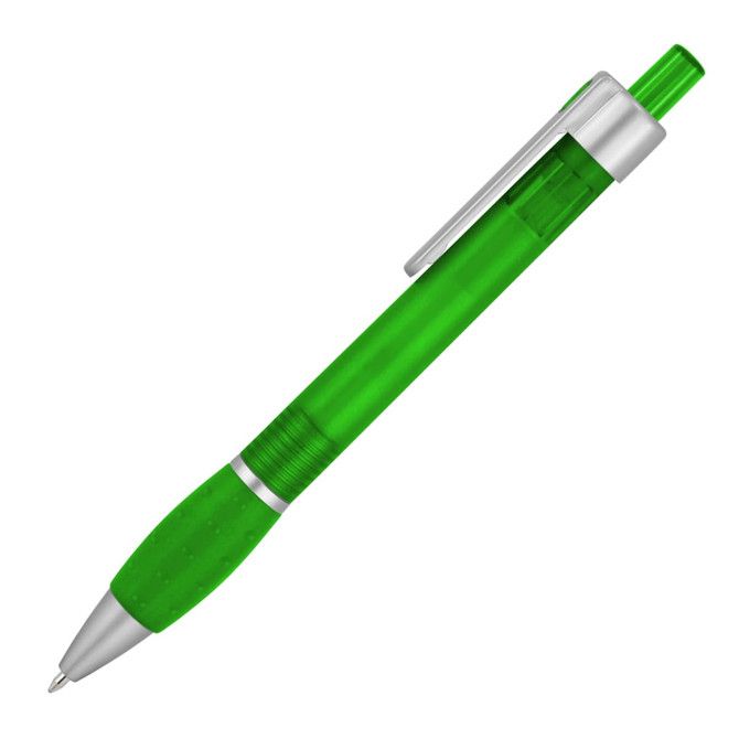 A green plastic ballpoint pen with a silver clip and grip. The pen has a transparent barrel.