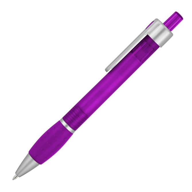 A purple ballpoint pen with a silver clip and grip section. The pen has a sleek design and a shiny finish.