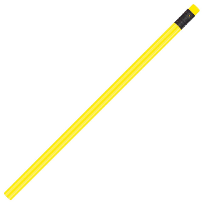 A yellow pencil with a black eraser and a glossy finish. The pencil has a sleek, elongated design.