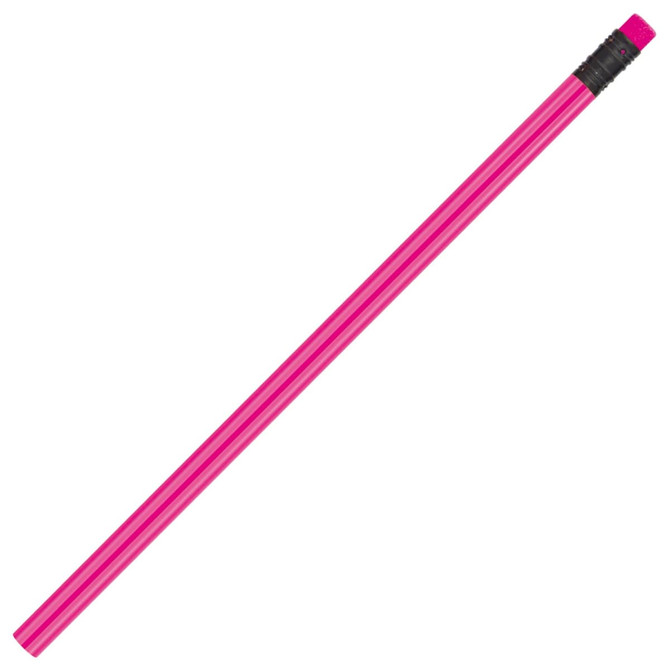 A pink pencil with a black eraser at the top, featuring a sleek design and shiny finish.