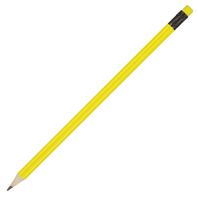 A yellow pencil with a sharpened tip and a black eraser on the end, featuring a simple design.