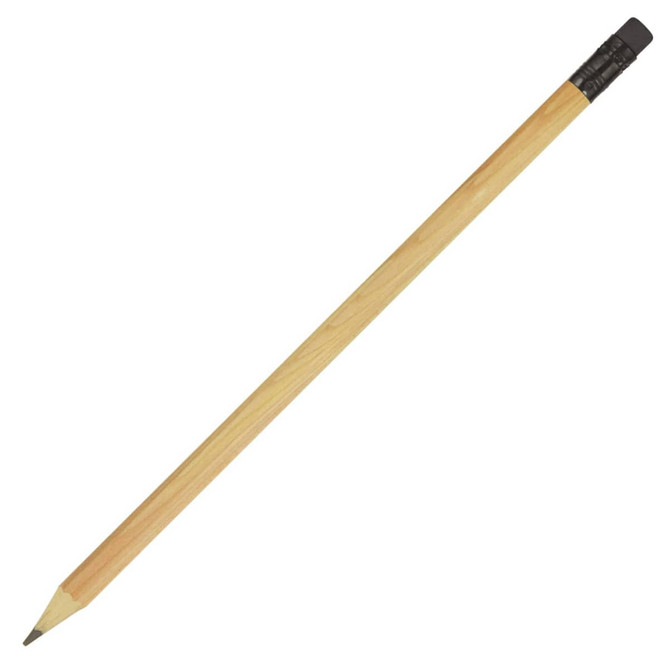 A wooden pencil with a sharpened point and a black eraser at the top. Includes a logo on the eraser.