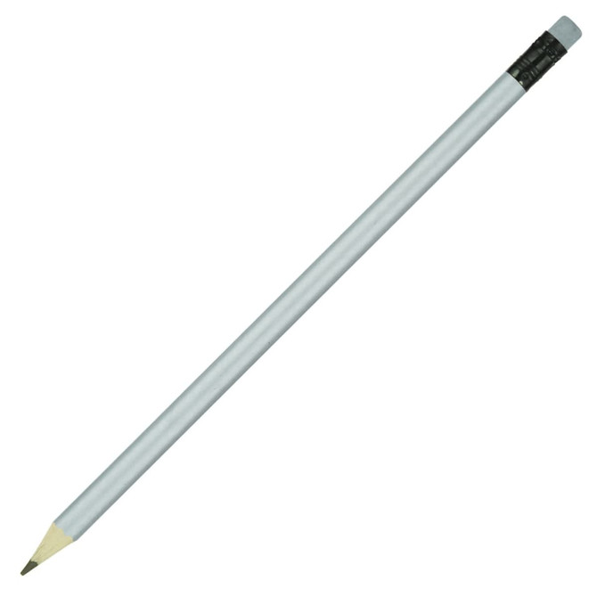 A grey pencil with a sharpened tip, featuring a black eraser on the end. It has a simple design and no visible branding.