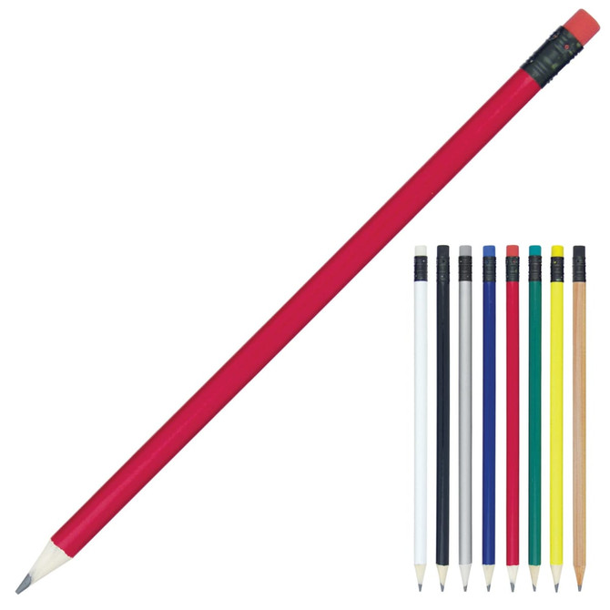 A red pencil with a pink eraser alongside a selection of coloured pencils in black, white, blue, yellow, green, and brown.