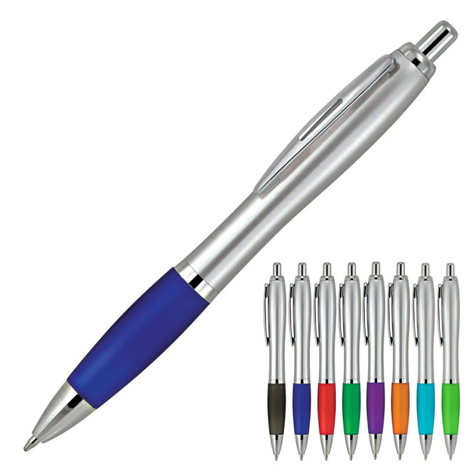 A ballpoint pen with a silver body and a blue grip, alongside a variety of pens in different colours.