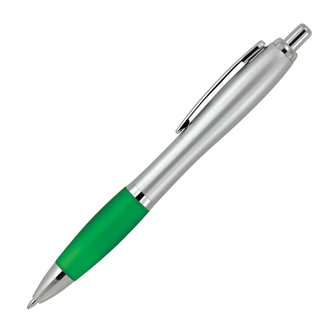 A ballpoint pen featuring a silver barrel and a green grip, with a clip on the side and a branding logo.