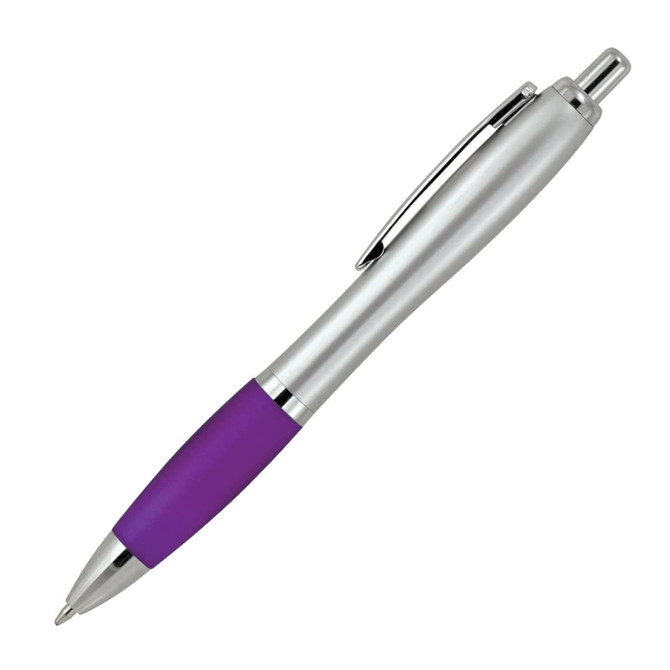 A ballpoint pen with a silver body and a purple grip, featuring a clip and chrome accents. It has a logo on the side.