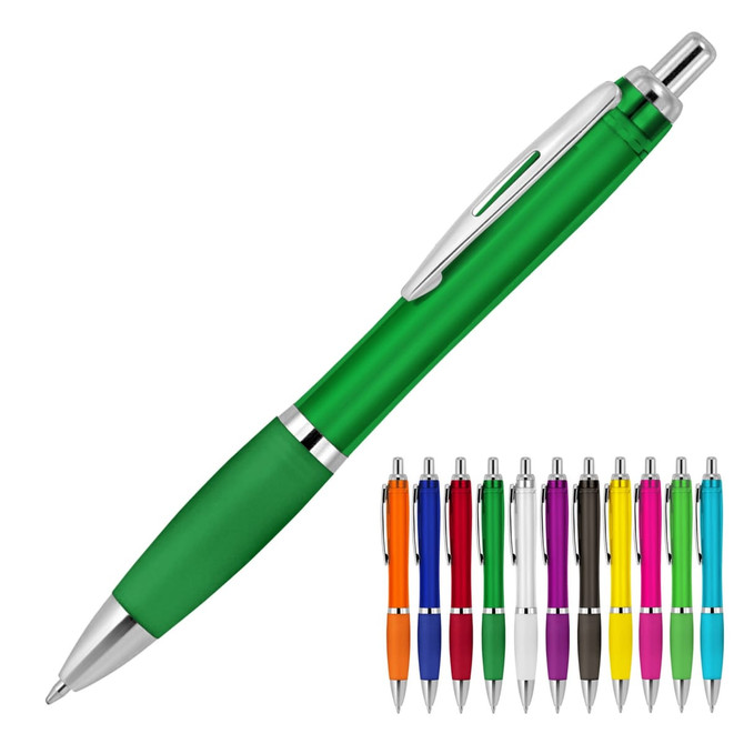 A transparent green ballpoint pen with silver accents, accompanied by a variety of other colourful pens in the background.