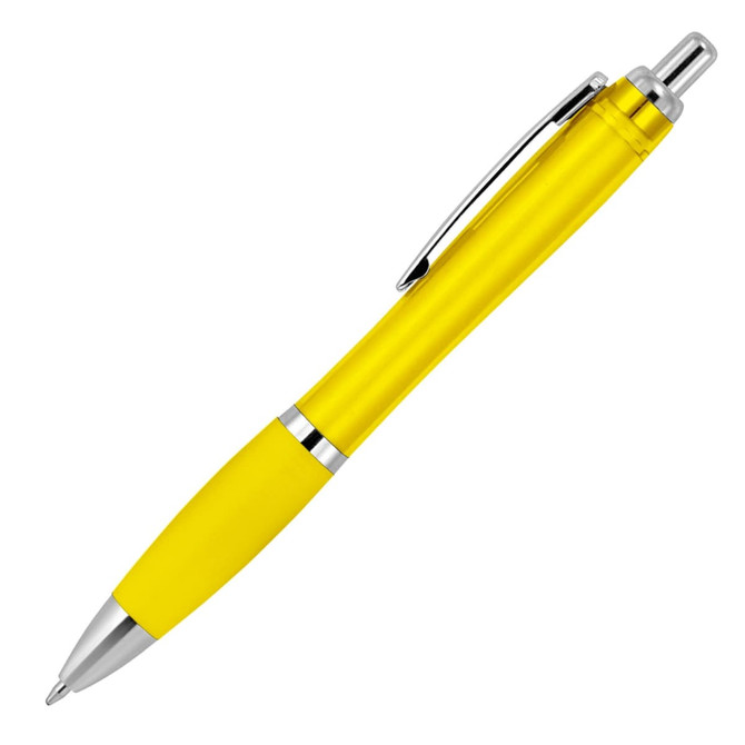 A transparent yellow ballpoint pen with a silver clip and tip. It features a branding logo.