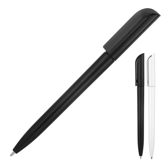 A ballpoint pen in black and white with a sleek design and a matching cap, featuring a branding logo.