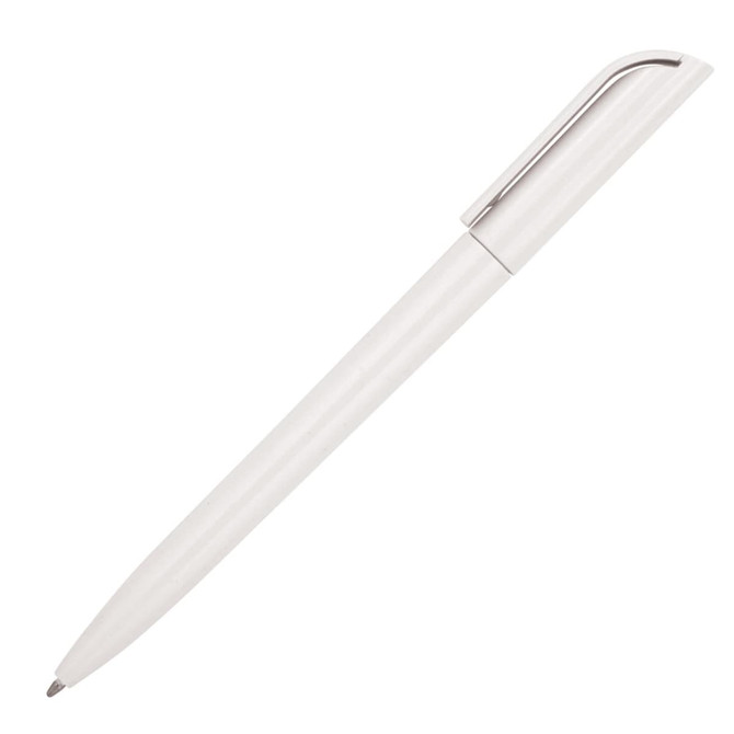 A plastic ballpoint pen in white with a silver clip, featuring a simple, sleek design.