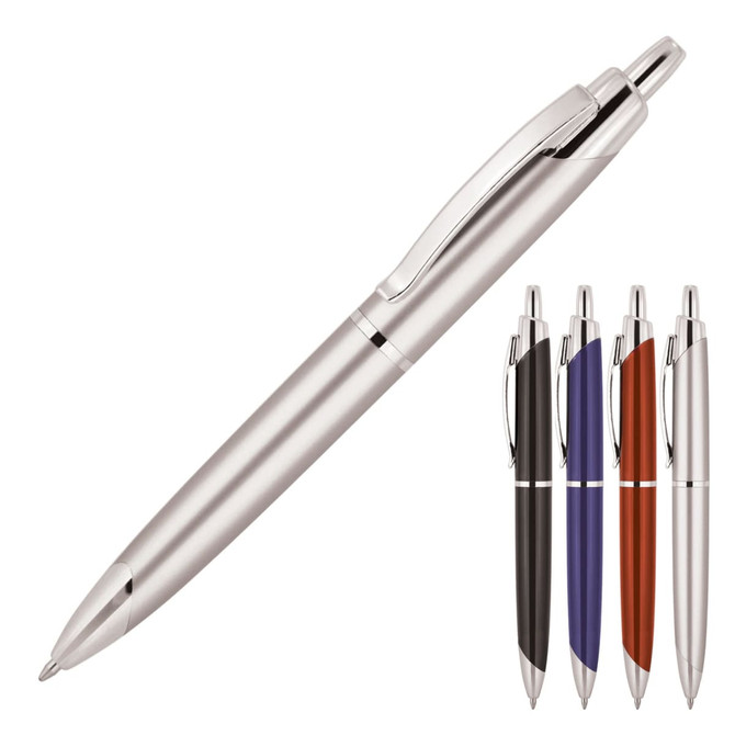 A ballpoint pen in silver, surrounded by pens in black, blue, red, and purple; features a logo on the side.