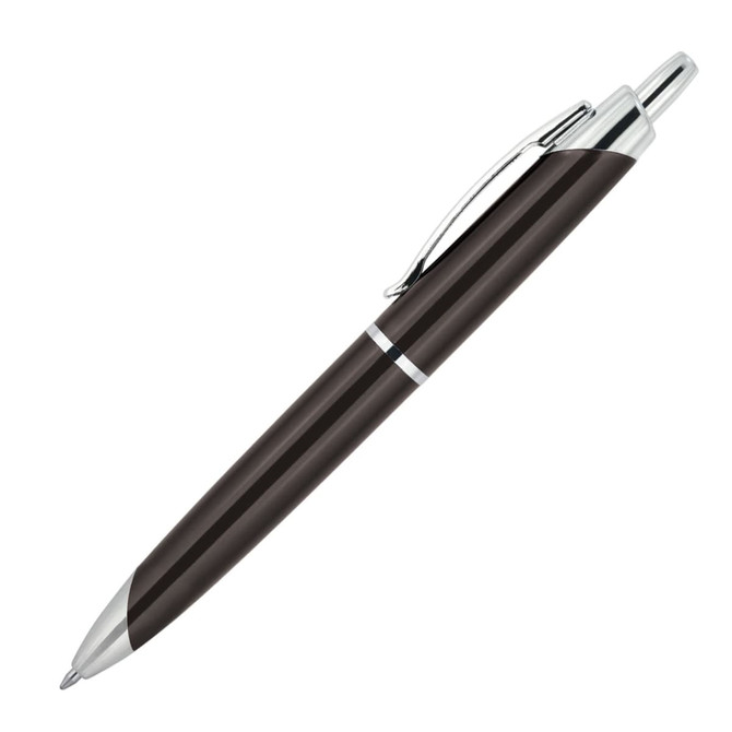 A ballpoint pen in dark brown with silver accents and a clip. Features a sleek, modern design.