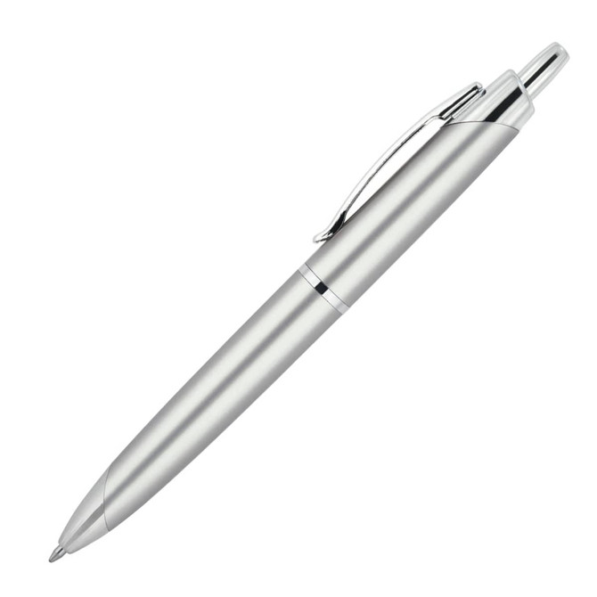 A silver ballpoint pen with a sleek design and chrome accents, featuring a clip and a branding logo.